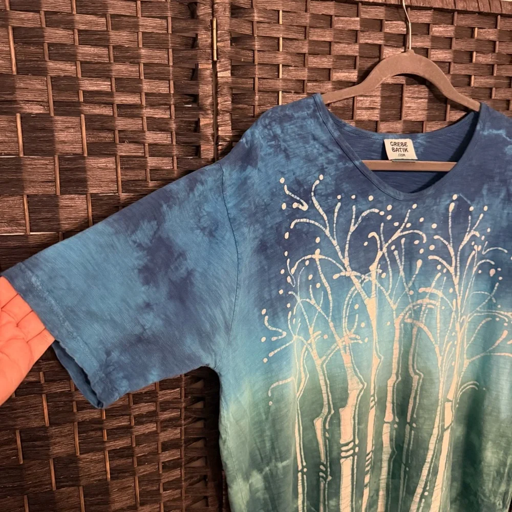 🌿 Grebe Batik Bamboo Tree Tie Dye Top XL Blue Green Artsy Cotton Handmade - Picture 2 of 9